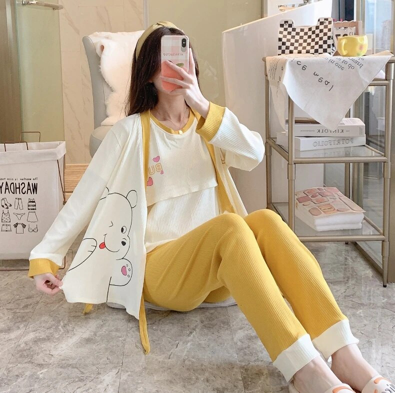 3vnt./rinkinys marškiniai ilgomis rankovėmis+trumpomis rankovėmis žindymo viršus+reguliuojamo juosmens kelnės Motinystės rūbų rinkinys Pižamos kostiumai žindymui