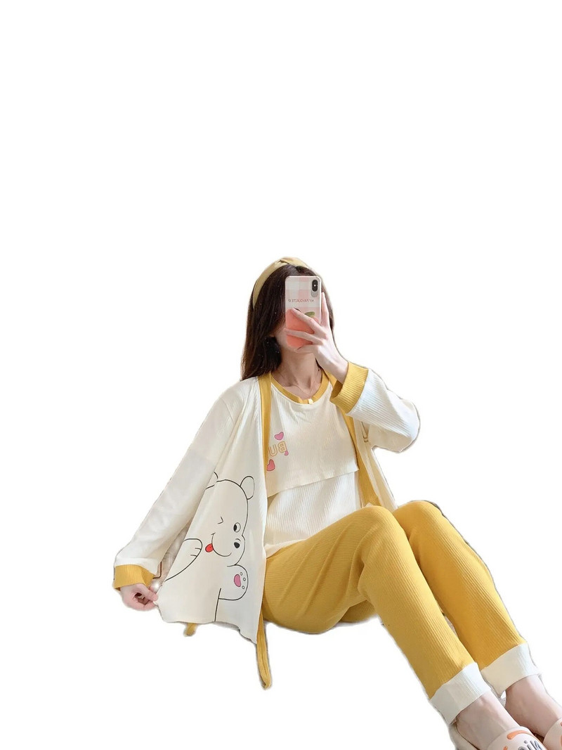 3vnt./rinkinys marškiniai ilgomis rankovėmis+trumpomis rankovėmis žindymo viršus+reguliuojamo juosmens kelnės Motinystės rūbų rinkinys Pižamos kostiumai žindymui