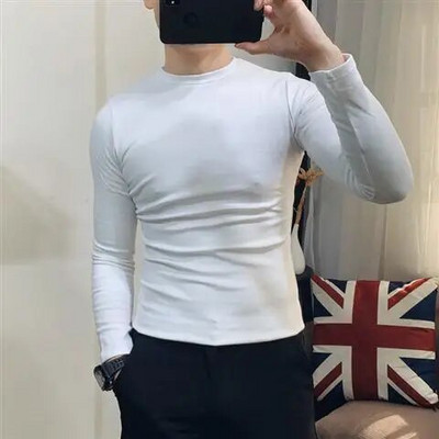 Pavasario rudeniniai tampri O formos iškirptės ilgomis rankovėmis solidūs jaunystės aptempti apatiniai vyriški drabužiai ilgomis rankovėmis marškinėliai Oversized marškinėliai vyriški marškinėliai