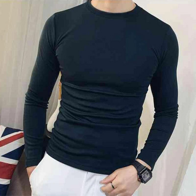 Pavasario rudeniniai tampri O formos iškirptės ilgomis rankovėmis solidūs jaunystės aptempti apatiniai vyriški drabužiai ilgomis rankovėmis marškinėliai Oversized marškinėliai vyriški marškinėliai