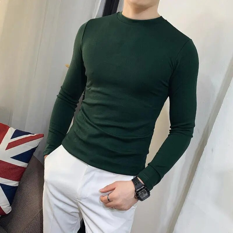 Pavasario rudeniniai tampri O formos iškirptės ilgomis rankovėmis solidūs jaunystės aptempti apatiniai vyriški drabužiai ilgomis rankovėmis marškinėliai Oversized marškinėliai vyriški marškinėliai
