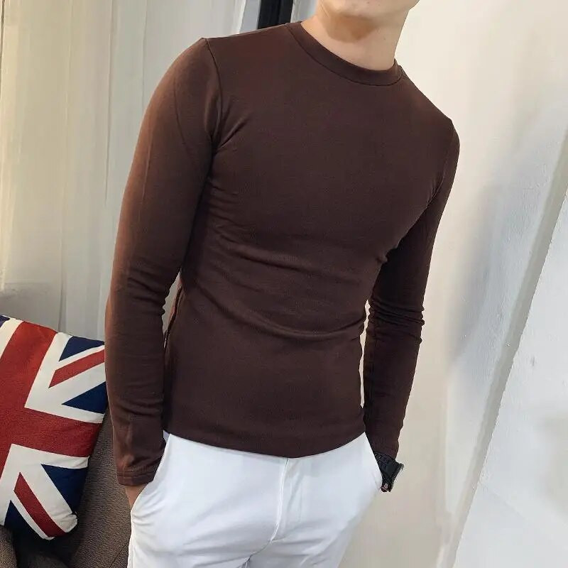 Pavasario rudeniniai tampri O formos iškirptės ilgomis rankovėmis solidūs jaunystės aptempti apatiniai vyriški drabužiai ilgomis rankovėmis marškinėliai Oversized marškinėliai vyriški marškinėliai