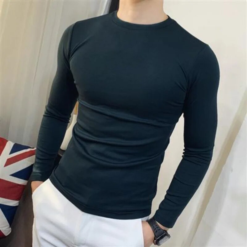 Pavasario rudeniniai tampri O formos iškirptės ilgomis rankovėmis solidūs jaunystės aptempti apatiniai vyriški drabužiai ilgomis rankovėmis marškinėliai Oversized marškinėliai vyriški marškinėliai