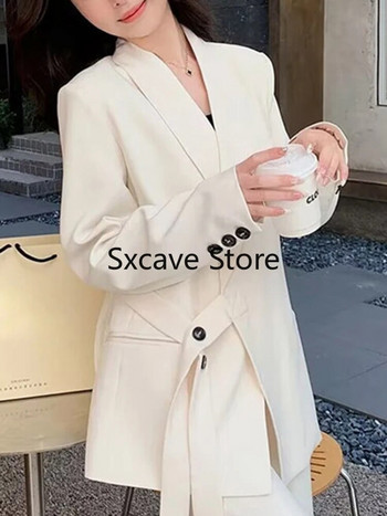 Σετ παντελονιών 2 τεμαχίων Γυναικεία ρούχα 2023 Φθινόπωρο Νέο μονόχρωμο μακρυμάνικο μπουφάν με κορδόνια παλτό + φαρδιά φαρδιά blazer κοστούμια Chic