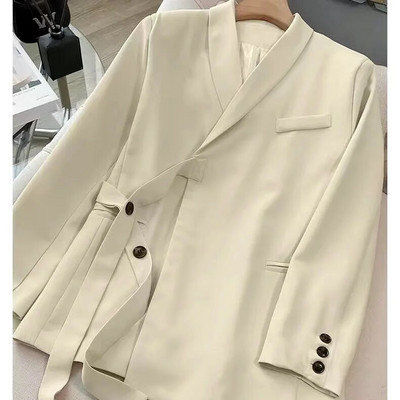 Dviejų dalių kelnių komplektai Moteriški kostiumai 2023 m. rudens Nauji solidūs ilgomis rankovėmis suvarstomi švarkai Paltas + plačios kojos laisvi švarkai, kostiumai prašmatnūs