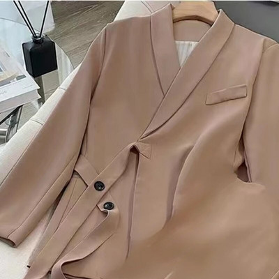 Dviejų dalių kelnių komplektai Moteriški kostiumai 2023 m. rudens Nauji solidūs ilgomis rankovėmis suvarstomi švarkai Paltas + plačios kojos laisvi švarkai, kostiumai prašmatnūs