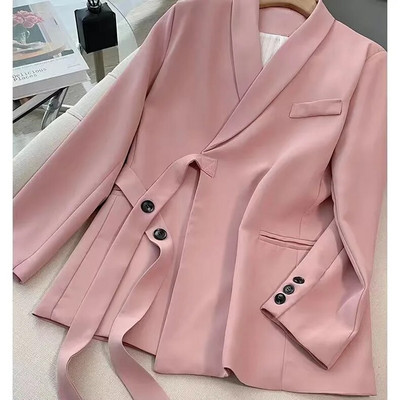 Dviejų dalių kelnių komplektai Moteriški kostiumai 2023 m. rudens Nauji solidūs ilgomis rankovėmis suvarstomi švarkai Paltas + plačios kojos laisvi švarkai, kostiumai prašmatnūs