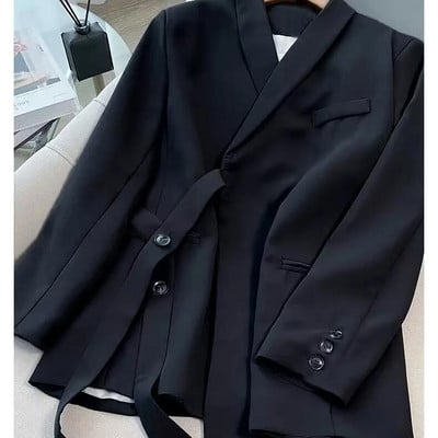 Dviejų dalių kelnių komplektai Moteriški kostiumai 2023 m. rudens Nauji solidūs ilgomis rankovėmis suvarstomi švarkai Paltas + plačios kojos laisvi švarkai, kostiumai prašmatnūs