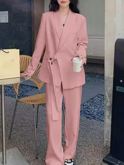 Dviejų dalių kelnių komplektai Moteriški kostiumai 2023 m. rudens Nauji solidūs ilgomis rankovėmis suvarstomi švarkai Paltas + plačios kojos laisvi švarkai, kostiumai prašmatnūs