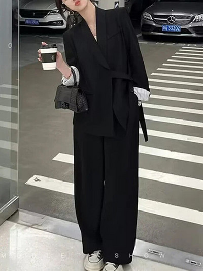 Dviejų dalių kelnių komplektai Moteriški kostiumai 2023 m. rudens Nauji solidūs ilgomis rankovėmis suvarstomi švarkai Paltas + plačios kojos laisvi švarkai, kostiumai prašmatnūs