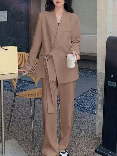 Dviejų dalių kelnių komplektai Moteriški kostiumai 2023 m. rudens Nauji solidūs ilgomis rankovėmis suvarstomi švarkai Paltas + plačios kojos laisvi švarkai, kostiumai prašmatnūs