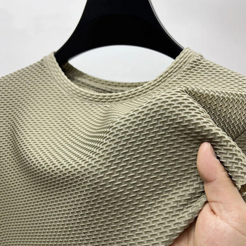 Летни ледени копринени висококачествени едноцветни висококачествени тениски с къс ръкав Мъжка дишаща модна тениска Мъжки маркови дрехи 4XL