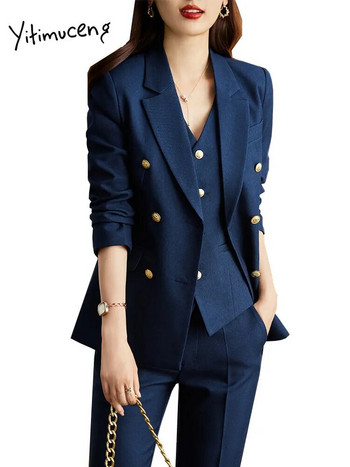 Yitimuceng 3 τεμάχια σετ κοστούμι για γυναίκες 2023 Fashion μακρυμάνικο γυναικείο σακάκι vintage μονόχρωμο γιλέκο Vintage ψηλόμεσο παντελόνι
