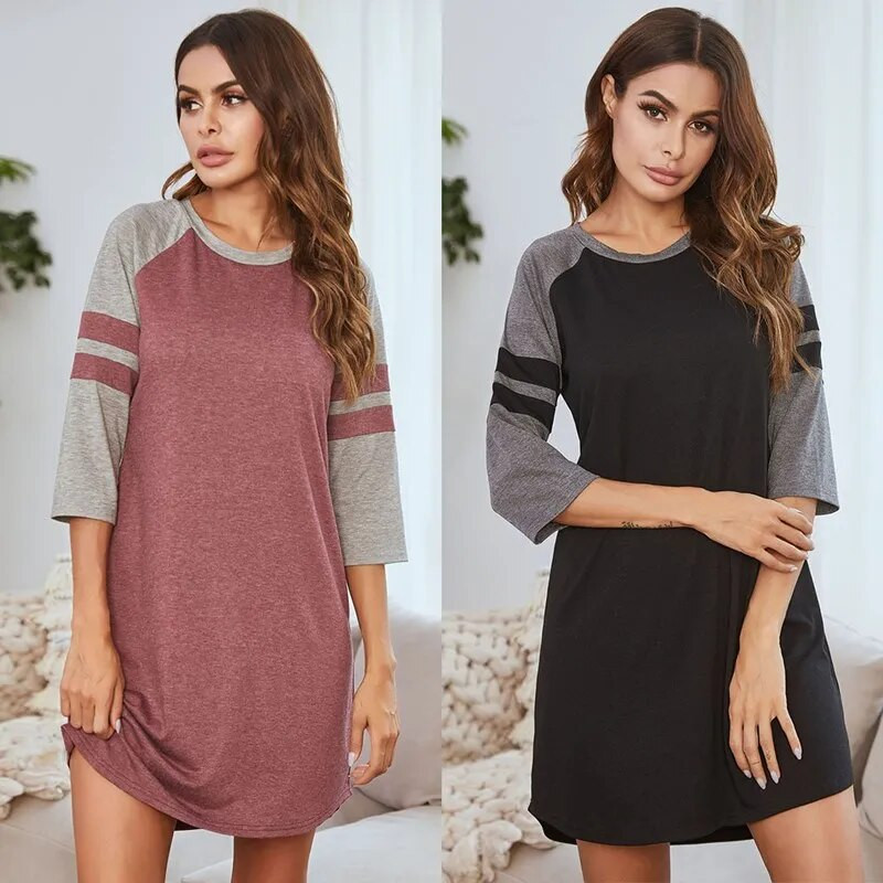 Moteriškos pižamos Vienspalvis naktinis marškinys, dryžuotas, pusiau rankoves, naktiniai marškiniai su apvaliu kaklu Seksualūs laisvalaikio namų drabužiai Minkšti, kvėpuojantys