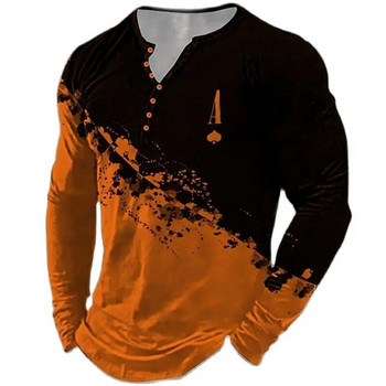 Мъжки тениски Винтидж горнища с дълги ръкави, блокиращи цветовете, есенни памучни графични ежедневни хип-хоп дрехи, големи дрехи, тениски с V-образно деколте