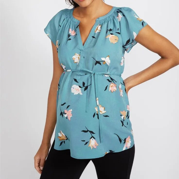 Drabužiai nėščiosioms Vasariniai V formos iškirptės trumpomis rankovėmis Suvarstomi spaudiniai Moterys Drabužiai Maitinimui Kelnaitės krūtimi maitinantys poliesterio marškinėliai moterims