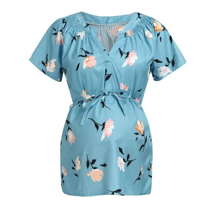 Drabužiai nėščiosioms Vasariniai V formos iškirptės trumpomis rankovėmis Suvarstomi spaudiniai Moterys Drabužiai Maitinimui Kelnaitės krūtimi maitinantys poliesterio marškinėliai moterims