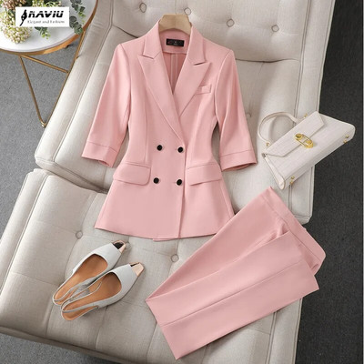 Розови костюми, дамска мода, нови 2023 г., пролетен темперамент, порфесионален тънък блейзър с половин ръкав и панталони, офис дамско работно облекло