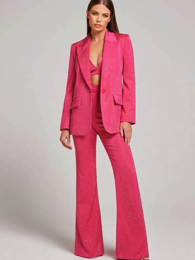 Kiváló minőségű 3 részes blézer nadrág öltönyök női fekete Bling divat INS egygombos hosszú blézer kiszélesedő nadrág formális szettek