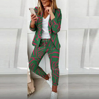 Модни дамски комплекти от две части 2023 Пролет Есен Дамско палто с отложен блейзър Костюм с панталон с шнурове Дамски женски ежедневен комплект