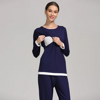 Нов комплект пижами за бременни с дълъг ръкав Нощница за кърмене Плюс размер Облекло за сън за бременни Мека и удобна материя