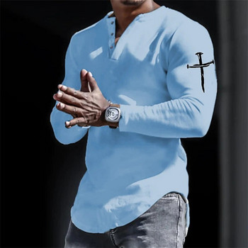 Пролетни ризи Henley Кръстът на Исус Христос 3D принт Streetwear Мъжка ретро тениска с копчета с дълъг ръкав Мъжки тениски Топове Дрехи