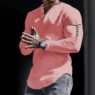 Proljetne Henley majice Isus Kristov križ 3D ispis Ulična muška vintage majica dugih rukava na kopčanje Muške majice Top majice Odjeća
