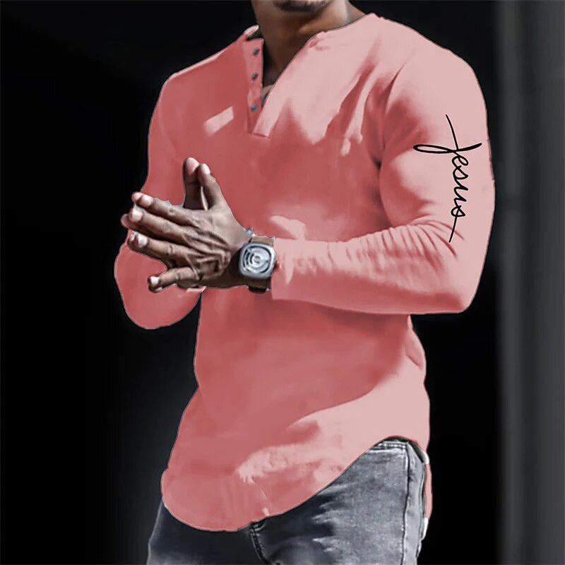 Proljetne Henley majice Isus Kristov križ 3D ispis Ulična muška vintage majica dugih rukava na kopčanje Muške majice Top majice Odjeća