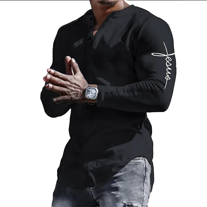 Proljetne Henley majice Isus Kristov križ 3D ispis Ulična muška vintage majica dugih rukava na kopčanje Muške majice Top majice Odjeća