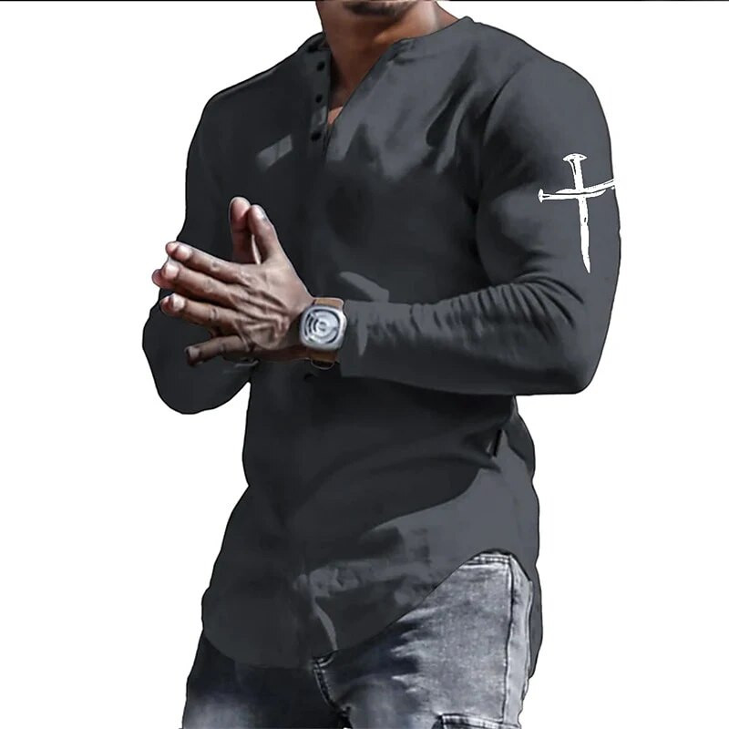 Proljetne Henley majice Isus Kristov križ 3D ispis Ulična muška vintage majica dugih rukava na kopčanje Muške majice Top majice Odjeća