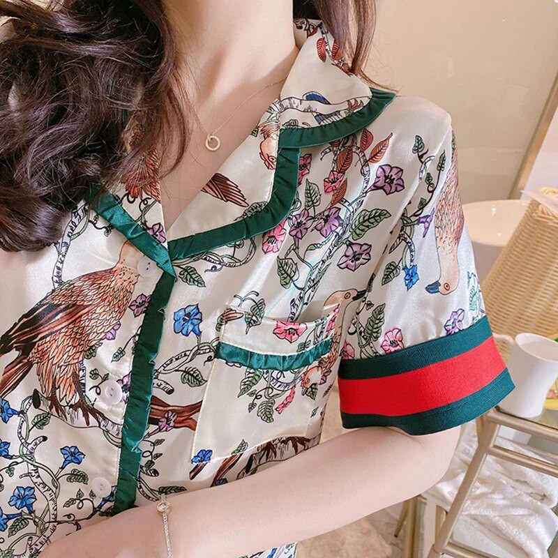 Svilena pidžama za žene Kućno odijelo Komplet pidžama Top i kratke hlače Satenska spavaćica Ljetna ženska spavaćica kratkih rukava