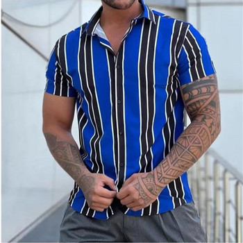 Νέο ανδρικό πουκάμισο μόδας ρίγες τύπωμα κοντομάνικο μπλουζάκι καλοκαιρινό ανδρικό πουκάμισο με γυριστό γιακά με κουμπί Casual μπλούζα Ανδρικά ρούχα