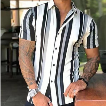 Νέο ανδρικό πουκάμισο μόδας ρίγες τύπωμα κοντομάνικο μπλουζάκι καλοκαιρινό ανδρικό πουκάμισο με γυριστό γιακά με κουμπί Casual μπλούζα Ανδρικά ρούχα