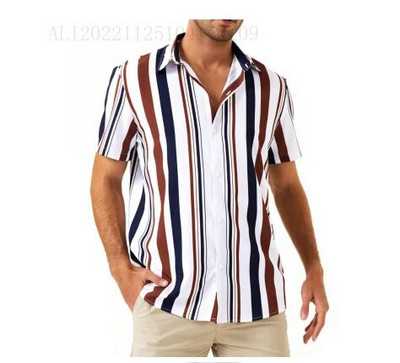 Nauji vyriški marškiniai Madingi dryžiai Spausdinti trumpomis rankovėmis marškinėliai Vasariniai marškinėliai Vyriški apykaklės mygtukai Laisvalaikio palaidinė Vyriški drabužiai