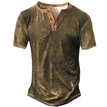 2023 Мъжки ризи Henley обикновена риза с V-образно деколте щамповано горнище Vintage памучна огромна тениска Мъжки Harajuku Clothes Streetwear Homme