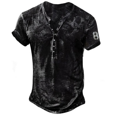 2023 Muške košulje Henley obična košulja s V-izrezom Top s printom Vintage pamučna prevelika majica s kratkim rukavima Muška Harajuku odjeća Streetwear Homme