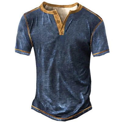 2023 Muške košulje Henley obična košulja s V-izrezom Top s printom Vintage pamučna prevelika majica s kratkim rukavima Muška Harajuku odjeća Streetwear Homme