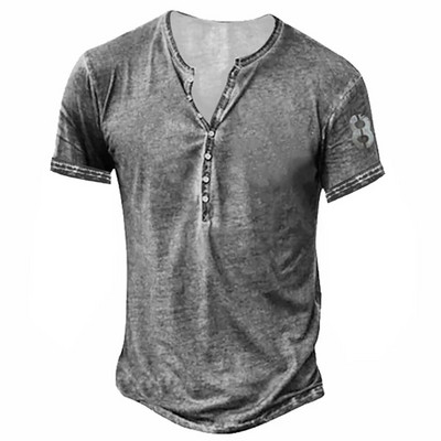 2023 Muške košulje Henley obična košulja s V-izrezom Top s printom Vintage pamučna prevelika majica s kratkim rukavima Muška Harajuku odjeća Streetwear Homme