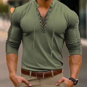 Мъжко облекло, плътна риза, улично облекло, реколта, мъжки плътен кух пуловер с връзки, пролетни тениски с дълъг ръкав, тениски с V-образно деколте