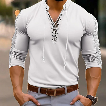 Мъжко облекло, плътна риза, улично облекло, реколта, мъжки плътен кух пуловер с връзки, пролетни тениски с дълъг ръкав, тениски с V-образно деколте