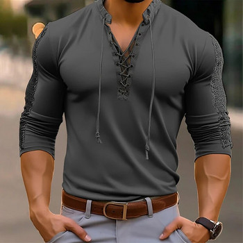Ανδρικά ρούχα μονόχρωμο πουκάμισο Streetwear Vintage ανδρικό μονόχρωμο μπλουζάκι κούφιο πουλόβερ με μακρύ μανίκι Μπλουζάκια μπλουζάκια με λαιμόκοψη