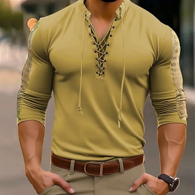 Vyriški drabužiai Masyvūs marškiniai Gatvės drabužiai Vintažiniai vyriški solidūs surišami tuščiaviduriai megztiniai spyruokliniai ilgomis rankovėmis V formos iškirptės marškinėliai marškinėliai