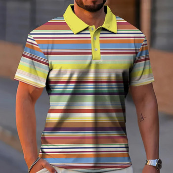 Нова мъжка поло тениска с щампа на райе Семпло мъжко облекло Лятна ежедневна широка риза с къс ръкав Моден дишащ суичър
