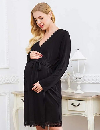 Φθινοπωρινά νυχτικά εγκυμοσύνης Γυναικείες έγκυες θηλάζουσες Θηλάζουν Μασίφ δαντελένιο νυχτικό φόρεμα με τσέπες Πυτζάμα θηλασμού εγκυμοσύνης
