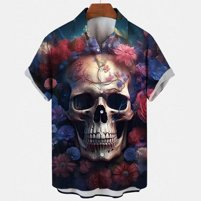 Košulja s lubanjom za muškarce Streetwear Harajuku Muška gornja odjeća Gotička majica kratkih rukava Vintage Fashion Button Muška košulja Camisa