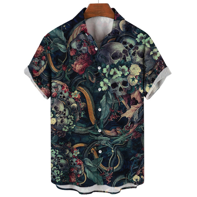 Košulja s lubanjom za muškarce Streetwear Harajuku Muška gornja odjeća Gotička majica kratkih rukava Vintage Fashion Button Muška košulja Camisa