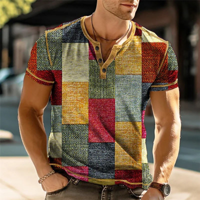 Patchwork Color Block 3D Print Vintage Henley Särgid Meeste Mood Suured nööbiga Lühikeste varrukatega T-särk T-särgid Topid Rõivad