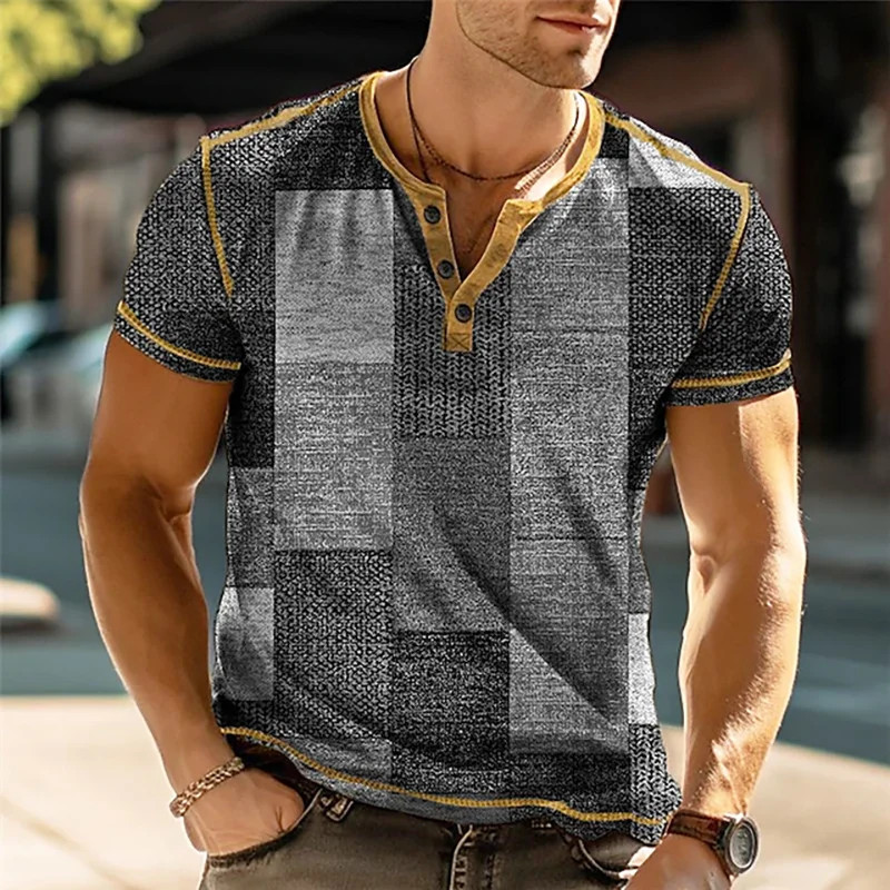 Patchwork Color Block 3D Print Vintage Henley Särgid Meeste Mood Suured nööbiga Lühikeste varrukatega T-särk T-särgid Topid Rõivad