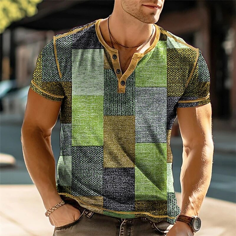 Patchwork Color Block 3D Print Vintage Henley Särgid Meeste Mood Suured nööbiga Lühikeste varrukatega T-särk T-särgid Topid Rõivad