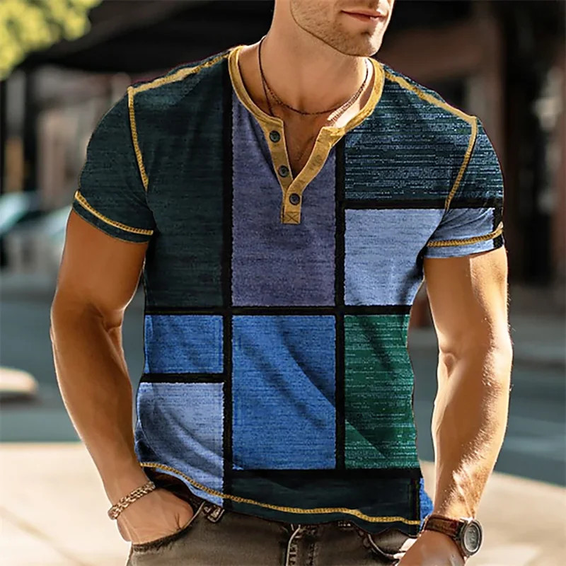Patchwork Color Block 3D Print Vintage Henley Särgid Meeste Mood Suured nööbiga Lühikeste varrukatega T-särk T-särgid Topid Rõivad